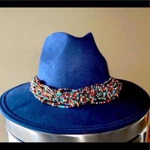 ✨NWOT blue fedora with hand beaded hatband